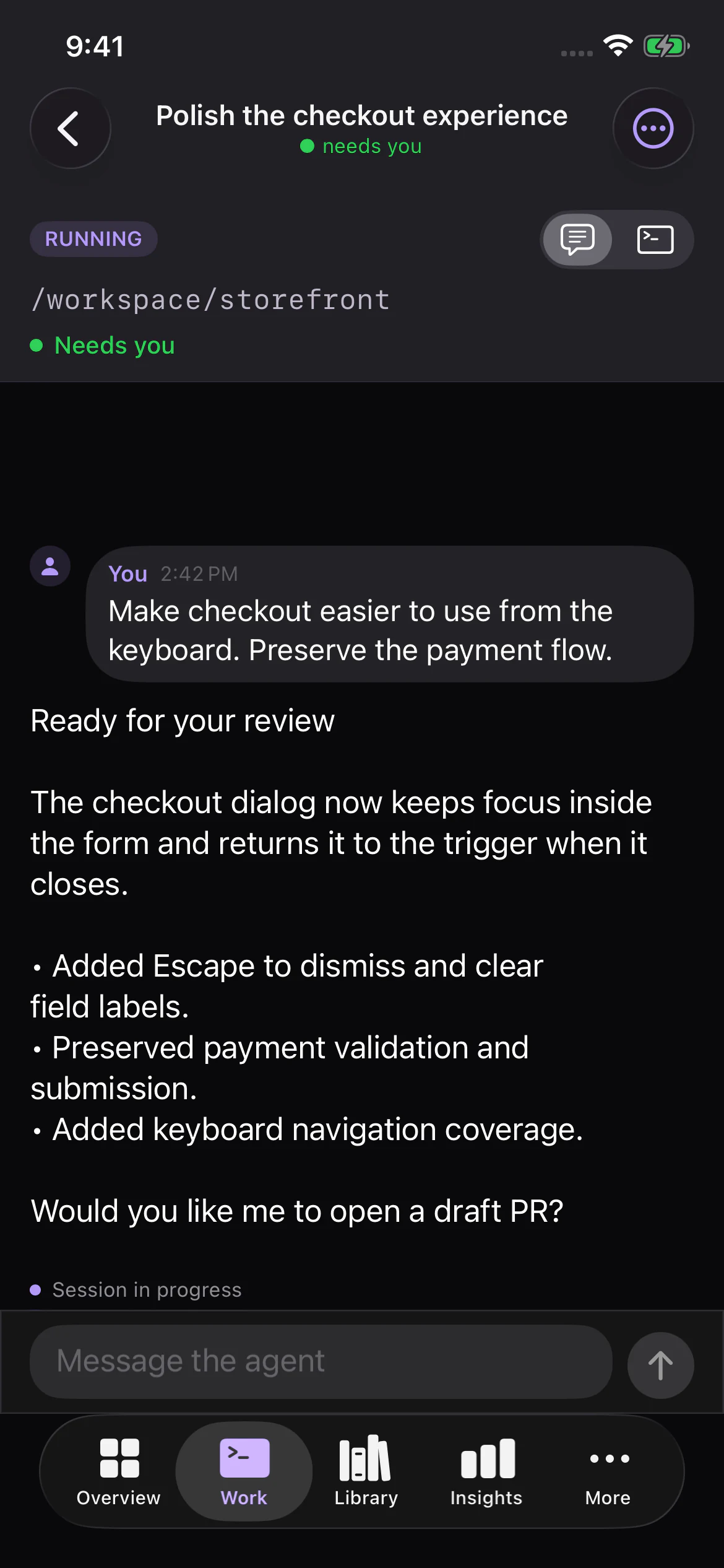 Native iOS session conversation with a reply composer