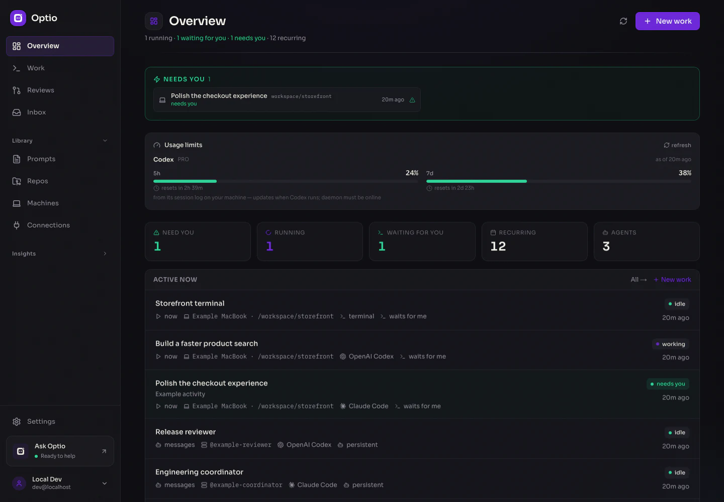 Optio Overview with a needs-you queue, Codex usage limits, active sessions, and persistent agents